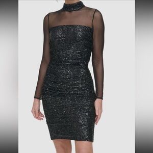 Eliza J Black Illusion-Sleeve Sequin Bodycon Dress New With Tags Size 8